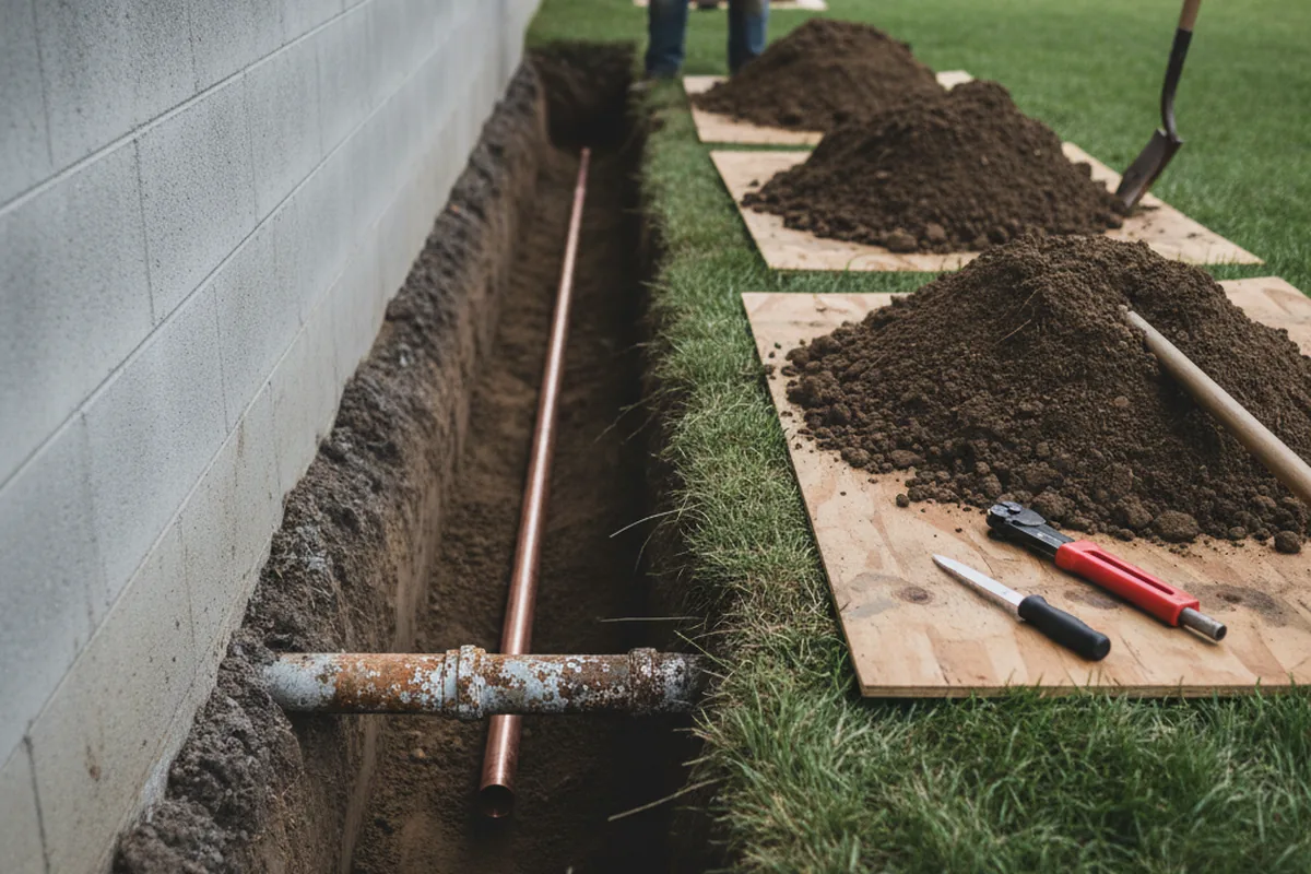 Excavated water line trench during Sewer Line Repair in Hamilton